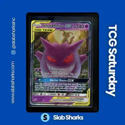 2019 POKEMON SUN & MOON TEAM UP #53/181 GENGAR & MIMIKYU GX HOLO RARE - Image 1