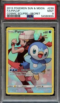 2019 Pokemon Sun & Moon FA Piplup Cosmic Eclipse Secret #239 PSA 9 - Image 1