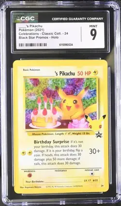 CGC 9 Birthday Pikachu Holo 24 Celebrations Classic Collection Pokemon - Image 1
