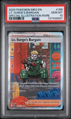 2025 Pokemon Mega Evolution #185 Lt. Surge's Bargain SIR PSA 10 - Image 1