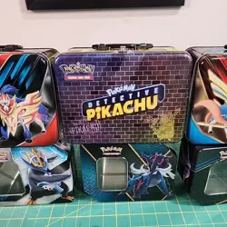 Pokemon Detective Pikachu *EMPTY* Lunch Box + Tins Lot of 6 Trading Card Game - Image 3