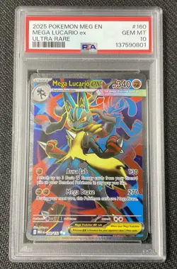 MEGA LUCARIO EX Ultra Rare Holo 160 PSA 10 GEM MT 2025 Pokemon Mega Evolutions - Image 1