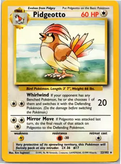 Pidgeotto Rare Base Set Unlimited 022/102 Pokemon Card NM/LP - Image 1