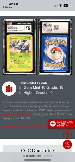 CGC 10 Heracross 64/144 Non Holo Skyridge Pokemon 2003 POP 19 - Image 5