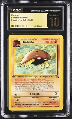 CGC 10 PRISTINE Kabuto 1999 Fossil 1st Edition 50/62 Pokemon Card - Image 1