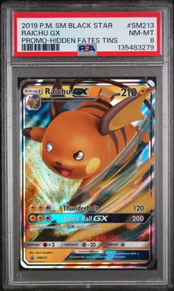 2019 POKEMON SM BLACK STAR PROMO HIDDEN FATES TINS #SM213 RAICHU GX PSA 8 - Image 1