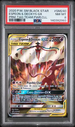 2020 POKEMON SM PROMO TAG TEAM POWERS COLLECTION ESPEON & DEOXYS GX PSA 8 - Image 1