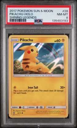 2017 POKEMON SUN & MOON SHINING LEGENDS #28 PIKACHU-HOLO PSA 8 - Image 1