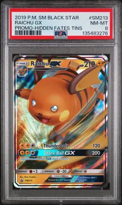 2019 POKEMON SM BLACK STAR PROMO HIDDEN FATES TINS #SM213 RAICHU GX PSA 8 - Image 1