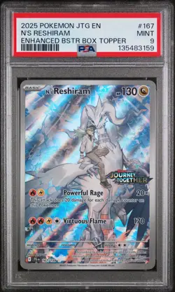 2025 POKEMON JTG ENHANCED BOOSTER BOX TOPPER #167 N'S RESHIRAM PSA 9 - Image 1