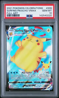 2021 POKEMON CELEBRATIONS #009 FULL ART/SURFING PIKACHU VMAX PSA 10 - Image 1