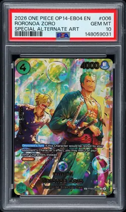 2026 ONE PIECE THE AZURE SEA'S SEVEN SPECIAL ALT ART #006 RORONOA ZORO PSA 10 - Image 1