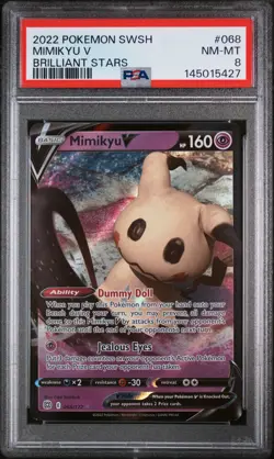 2022 POKEMON SWORD & SHIELD BRILLIANT STARS #068 MIMIKYU V PSA 8 - Image 1