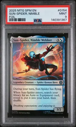 2025 MTG MARVEL'S SPIDER-MAN FOIL #0154 SUN-SPIDER, NIMBLE WEBBER PSA 9 - Image 1