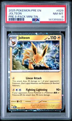 2025 POKEMON PRISMATIC EVOLUTIONS 8-PACK MINI TIN #029 JOLTEON PSA 8 - Image 1
