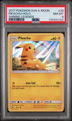2017 POKEMON SUN & MOON SHINING LEGENDS #28 PIKACHU-HOLO PSA 8 - Image 1