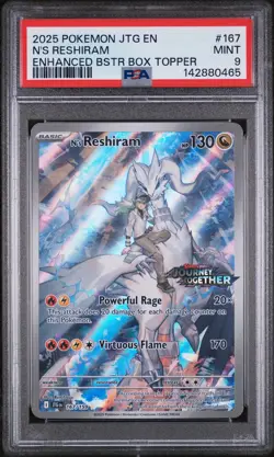 2025 POKEMON JTG ENHANCED BOOSTER BOX TOPPER #167 N'S RESHIRAM PSA 9 - Image 1