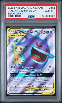 2019 POKEMON SUN & MOON TEAM UP #164 FULL ART/GENGAR & MIMIKYU GX PSA 10 - Image 1