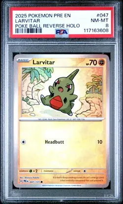 2025 POKEMON PRE EN-PRISMATIC EVOLUTIONS POKE BALL REVERSE HOLO LARVITAR PSA 8 - Image 1