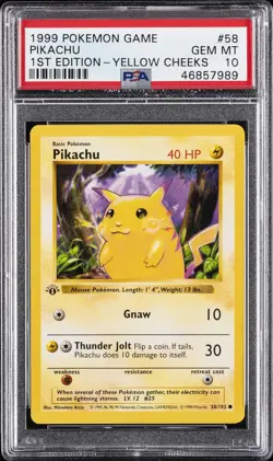 1999 POKEMON BASE SET 1ST EDITION-YELLOW CHEEKS #58 PIKACHU PSA 10 - Image 1