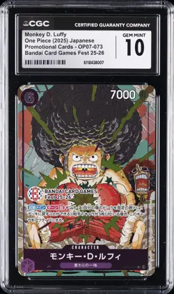 2025 ONE PIECE JPN PROMO CARDS BANDAI CARD GAMES FEST MONKEY D. LUFFY CGC 10 - Image 1