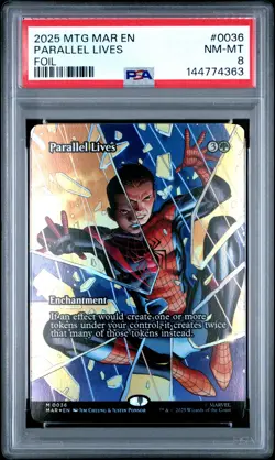 2025 MTG MARVEL'S SPIDER-MAN: SOURCE MATERIAL FOIL #0036 PARALLEL LIVES PSA 8 - Image 1