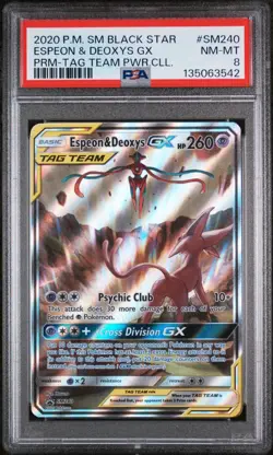 2020 ESPEON & DEOXYS GX SM240/107 TAG TEAM POWERS COLLECTION POKEMON PSA 8 - Image 1