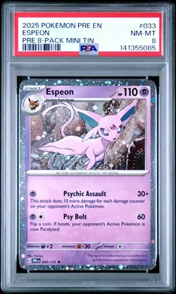 2025 POKEMON PRISMATIC EVOLUTIONS 8-PACK MINI TIN #033 ESPEON PSA 8 - Image 1