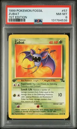 1999 POKEMON FOSSIL 1ST EDITION #57 ZUBAT PSA 8 - Image 1