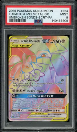 2019 Pokemon Sun & Moon Unbroken Bonds #224 Lucario & Melmetal Gx Secret PSA 9 - Image 2