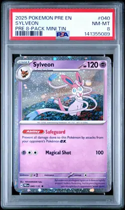 2025 POKEMON PRISMATIC EVOLUTIONS 8-PACK MINI TIN #040 SYLVEON PSA 8 - Image 1