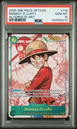 2025 ONE PIECE OP13-CARRYING ON HIS WILL ALTERNATE ART MONKEY D. LUFFY PSA 10 - Image 1