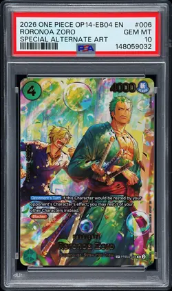 2026 ONE PIECE THE AZURE SEA'S SEVEN SPECIAL ALT ART #006 RORONOA ZORO PSA 10 - Image 1