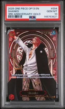 2025 ONE PIECE OP13-CARRYING ON HIS WILL 3RD ANNIV-GOLD #004 SHANKS PSA 10 - Image 1