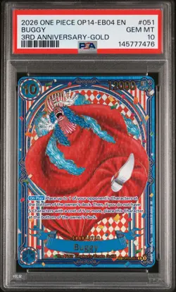 2026 ONE PIECE OP14-EB04-THE AZURE SEA'S SEVEN 3RD ANNIV-GOLD #051 BUGGY PSA 10 - Image 1