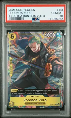2025 ONE PIECE PROMOS ILLUSTRATION BOX VOL.3 #113 RORONOA ZORO PSA 10 - Image 1