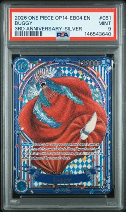 2026 ONE PIECE OP14-EB04-THE AZURE SEA'S SEVEN 3RD ANNIV-SILVER #051 BUGGY PSA 9 - Image 1