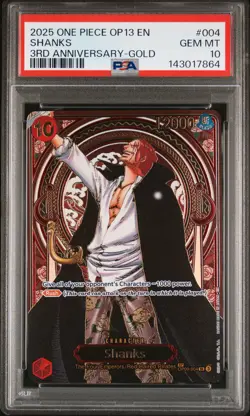 2025 ONE PIECE OP13-CARRYING ON HIS WILL 3RD ANNIVERSARY-GOLD #004 SHANKS PSA 10 - Image 1