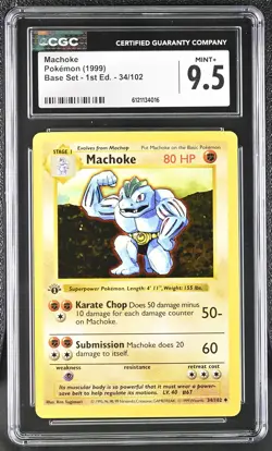 CGC 9.5 MINT+ Machoke 1999 Base Set Shadowless 1st Edition 34/102 Pokemon Card - Image 1