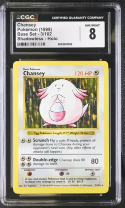 CGC 8 Chansey 1999 Base Set 3/102 Shadowless Holo Pokemon Card - Image 1