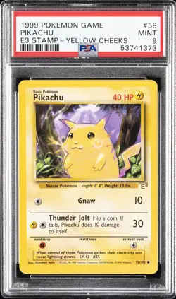 1999 POKEMON BASE SET UNLIMITED E3 STAMP-YELLOW CHEEKS #58 PIKACHU PSA 9 - Image 1