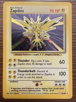 Pokemon TCG Zapdos Base Set Unlimited Holo Rare Card #16/102 MP (A) - Image 1