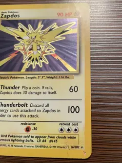 Pokemon TCG Zapdos Base Set Unlimited Holo Rare Card #16/102 MP (A) - Image 4