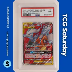 2019 POKEMON SM UNBROKEN BONDS #194/214 RESHIRAM CHARIZARD GX TAG TEAM PSA 9 - Image 1