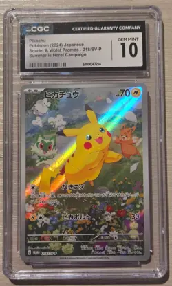 CGC 10 GEM MINT Pikachu Scarlet & Violet Promo Cards 218/SV-P Summer is Here - Image 1