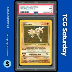 1999 POKEMON FOSSIL #7/62 HITMONLEE HOLO RARE PSA 7 - Image 1