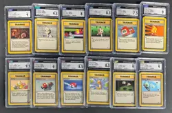 Lot (12) 1999 Pokemon Assorted CGC Graded Trainer Cards w/ Gust of Wind Mr. Fuji - Image 1