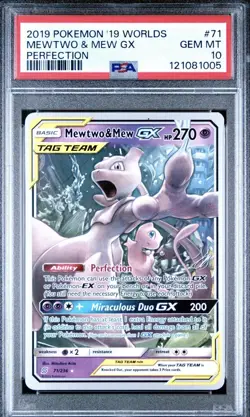 Pokemon 2019 Mewtwo Mew GX 71 Perfection World Championships 2019 GEM MT PSA 10 - Image 1