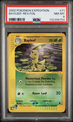2002 POKEMON EXPEDITION #71 BAYLEEF-REVERSE FOIL PSA 8 - Image 1