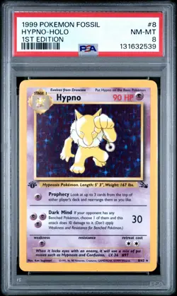 1999 POKEMON FOSSIL 1ST ED #8 HYPNO-HOLO PSA 8 - Image 1
